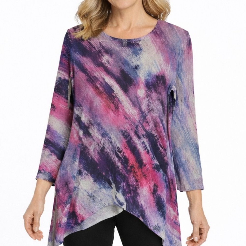 Jess & Jane Womens Crepe Sweater Size S Purple Blue Abstract Asymmetrical Artsy